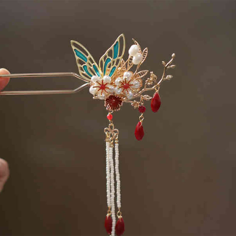 Classical Chinese Style Flower Branche Butterfly Pearl Tassel Hair Clip Hair Comb Hair Crown - Image 17