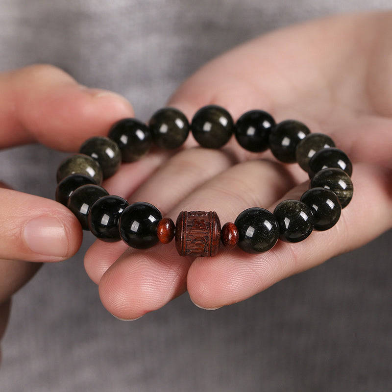 Natural Gold Sheen Obsidian Rainbow Obsidian Om Mani Padme Hum Fu Character Healing Bracelet - Image 6