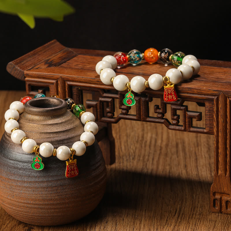 Tibetan Incense Ash Porcelain Luminous Fluorescent Liuli Glass Bead Gourd Copper Coin Charm Peace Bracelet