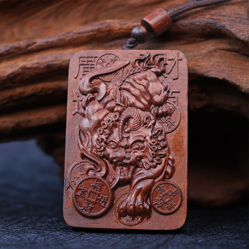 Natural Lightning Struck Jujube Wood PiXiu Copper Coin Good Fortune Necklace Pendant