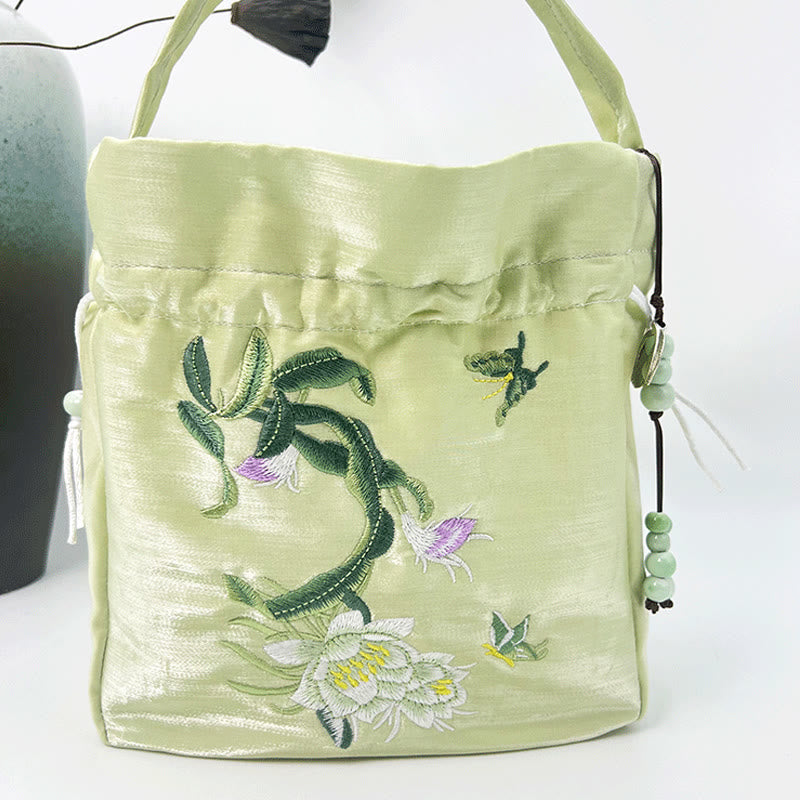 Embroidered Flowers Wisteria Lily Cotton Linen Tote Crossbody Bag Shoulder Bag Handbag - Image 21