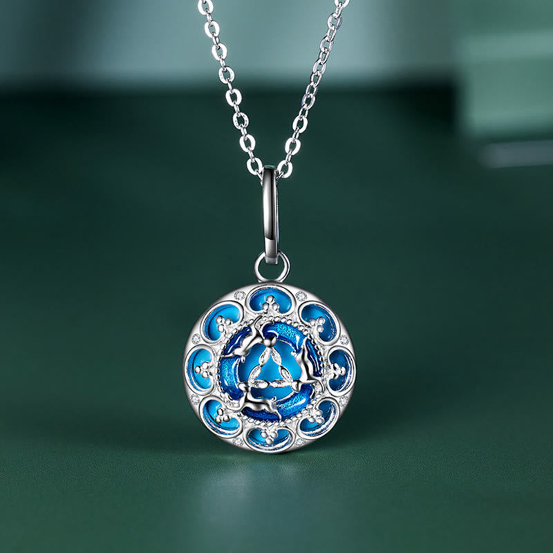 925 Sterling Silver Round Turquoise Three Rabbits Balance Necklace Pendant