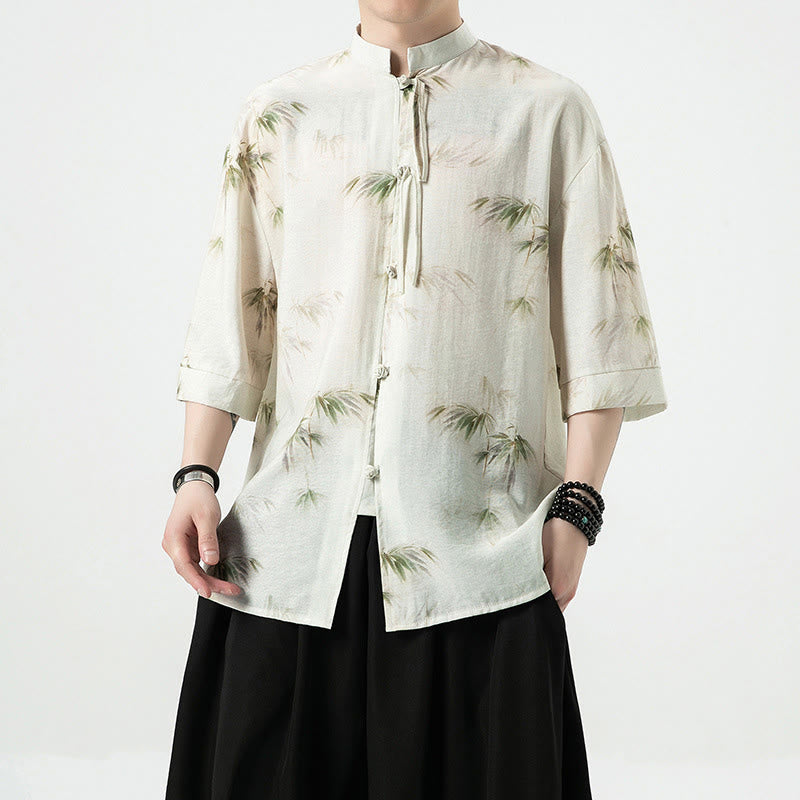 Green Yellow Bamboo Leaves Print Half Sleeve Shirt Men's T-shirt