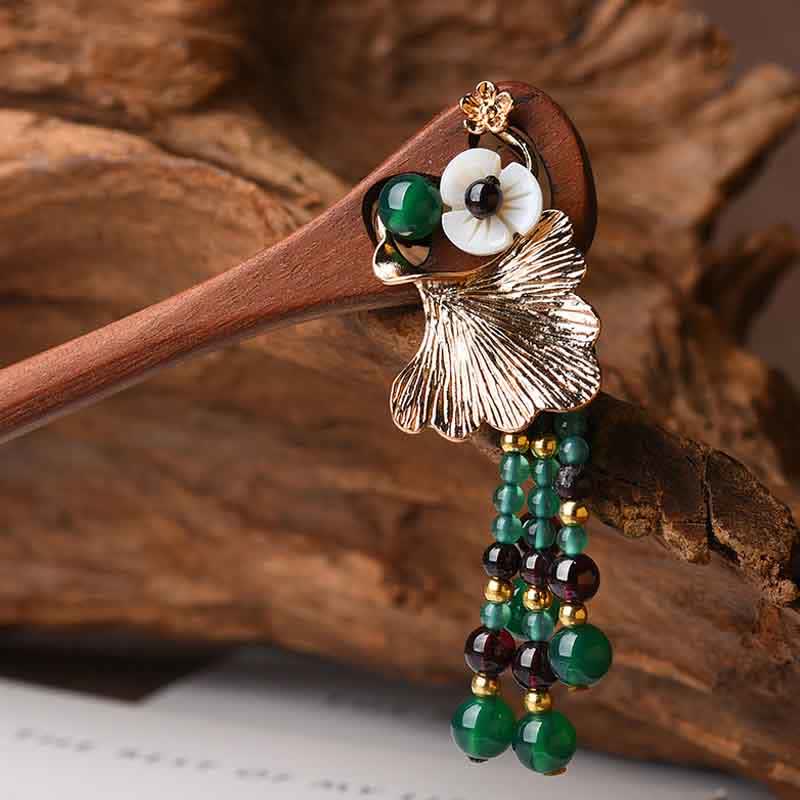 Red Sandalwood Green Agate Ginkgo Leaf Protection Hairpin - Image 6