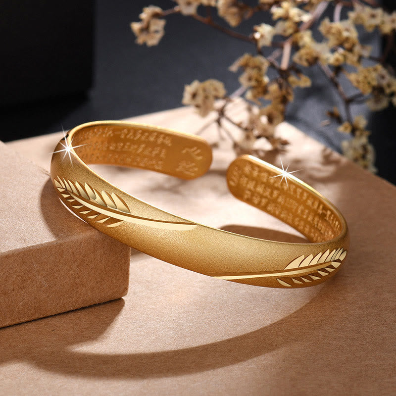 Feather Heart Sutra Engraved Pattern Wealth Copper Cuff Bracelet Bangle