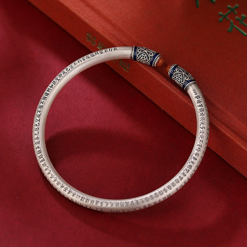 999 Sterling Silver Heart Sutra Engraved Red Agate Protection Bracelet Bangle
