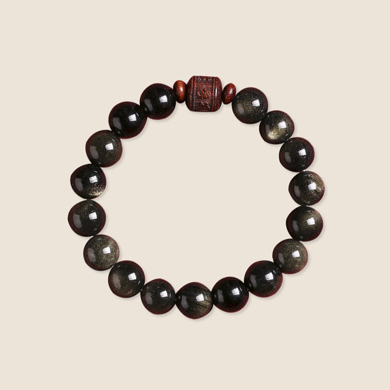 Natural Gold Sheen Obsidian Rainbow Obsidian Om Mani Padme Hum Fu Character Healing Bracelet - Image 12