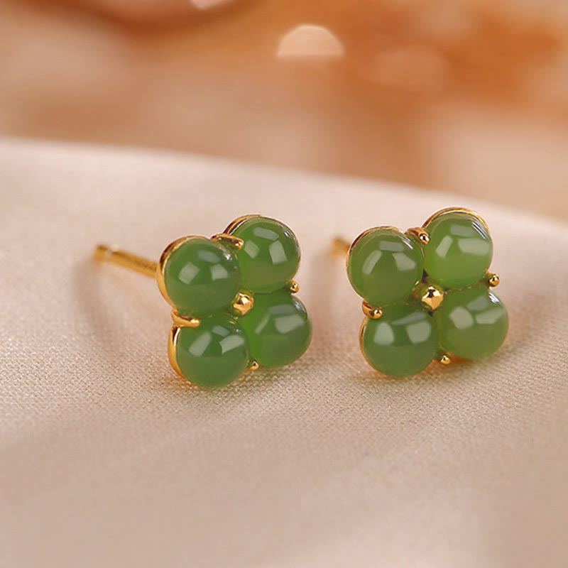 925 Sterling Silver Plated Gold Natural Cyan Jade Four Leaf Clover Luck Stud Earrings - Image 6