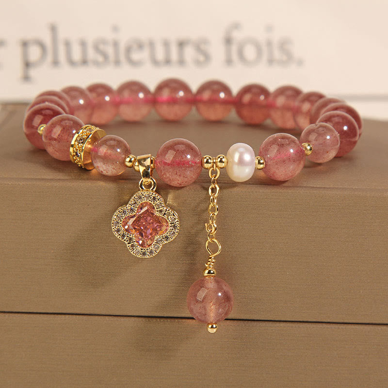 Strawberry Quartz Pearl Four Leaf Clover Charm Healing Bracelet