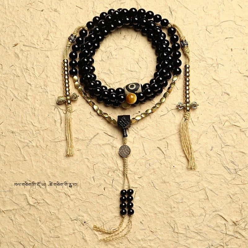 Tibetan 108 Mala Beads Black Onyx Three-eyed Dzi Beads Protection Bracelet - Image 11