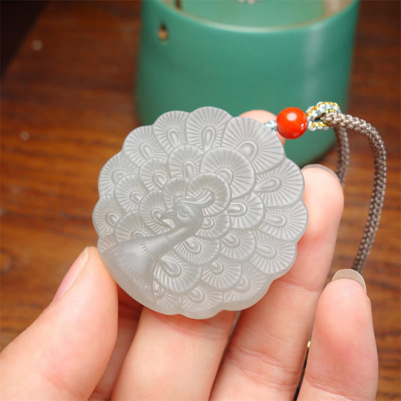 White Jade Peacock Protection Blessing Necklace Pendant - Image 4