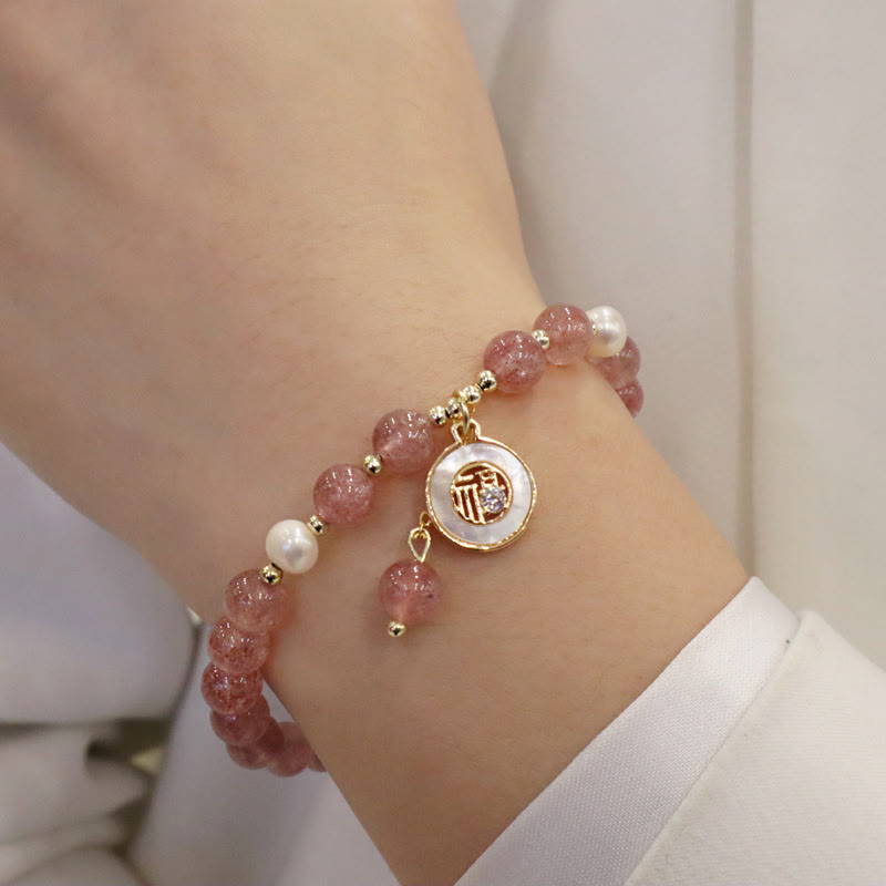 Strawberry Quartz Pearl Elk Smiley Face Fishtail Fu Character Charm Healing Bracelet - Image 10