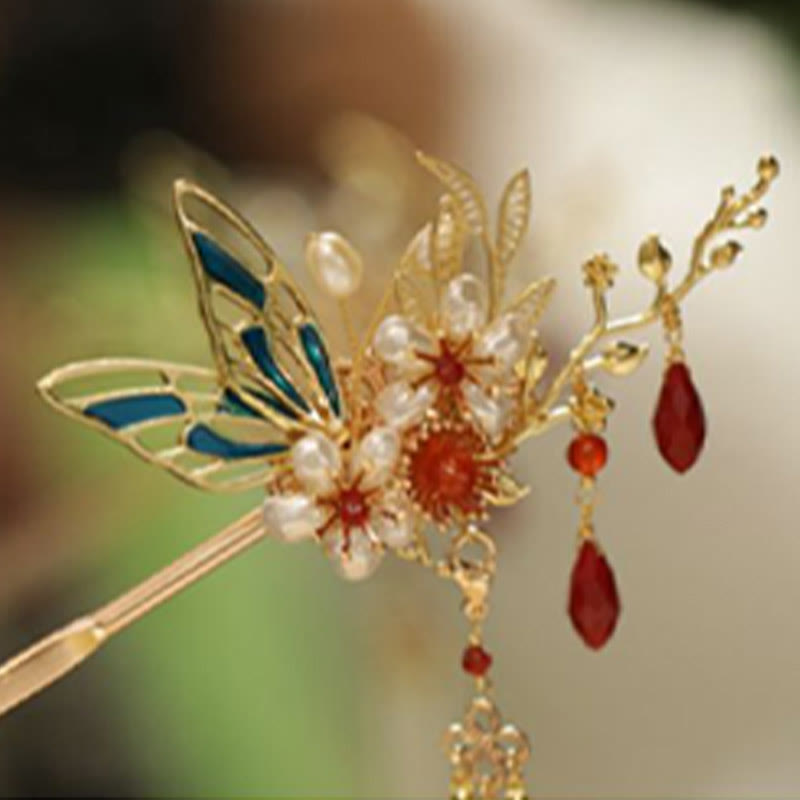 Classical Chinese Style Flower Branche Butterfly Pearl Tassel Hair Clip Hair Comb Hair Crown - Image 3