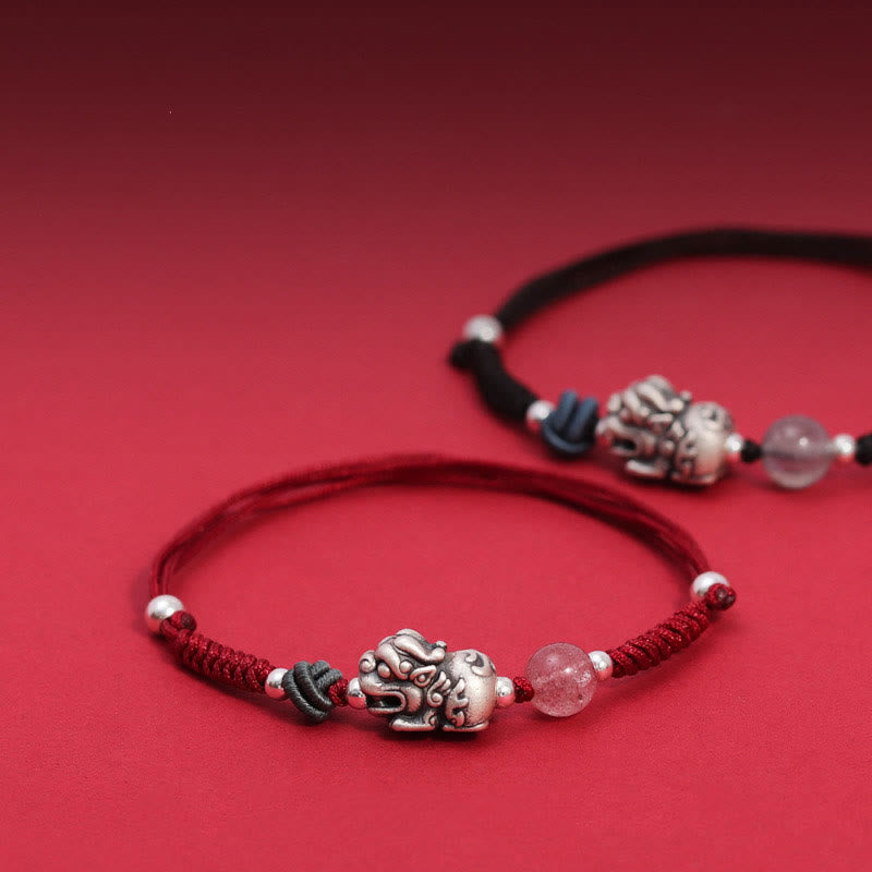 999 Sterling Silver PiXiu Strawberry Quartz Bead Wealth Luck Braided Bracelet