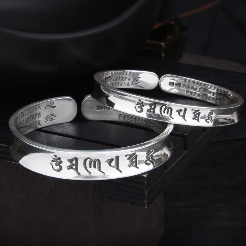 999 Sterling Silver Om Mani Padme Hum Heart Sutra Love Peace Bracelet Bangle