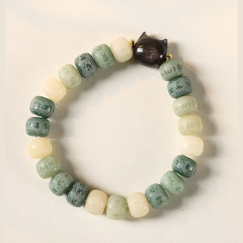 Bodhi Seed Silver Sheen Obsidian Cat Head Om Mani Padme Hum Engraved Harmony Bracelet - Image 10