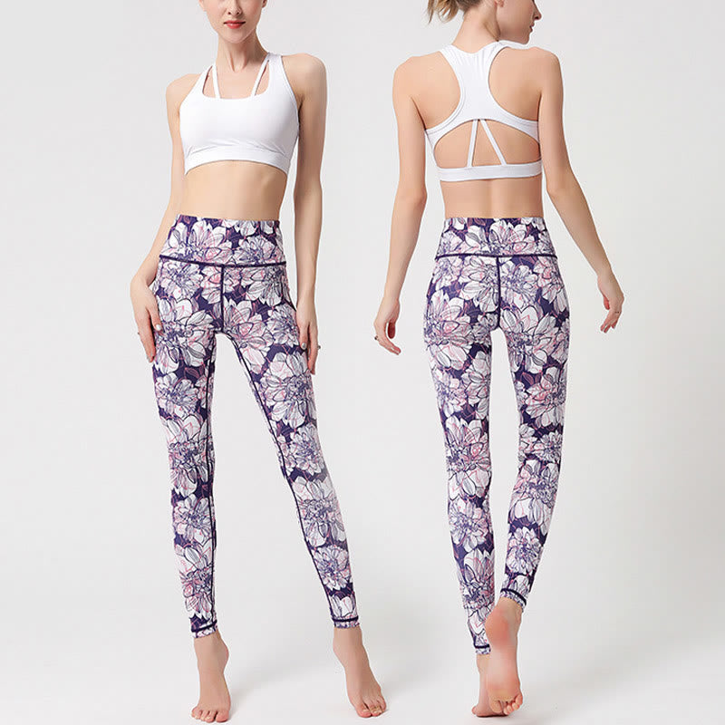 Colorful Flower Petal Leaves Print Sports Exercise Fitness High Waist Leggings Women's Yoga Pants - Image 8