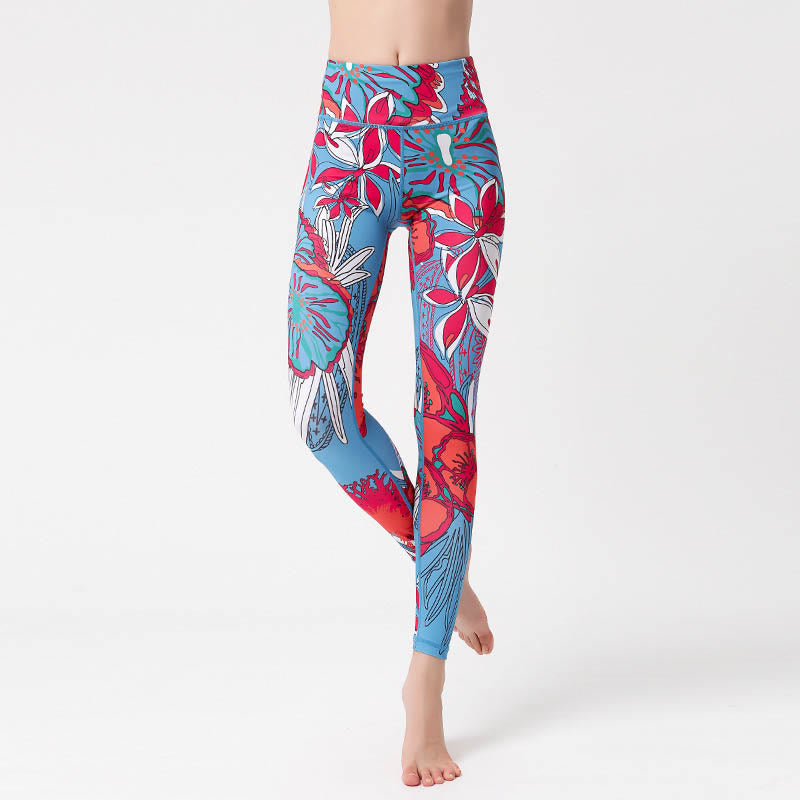 Colorful Flower Petal Leaves Print Sports Exercise Fitness High Waist Leggings Women's Yoga Pants - Image 15