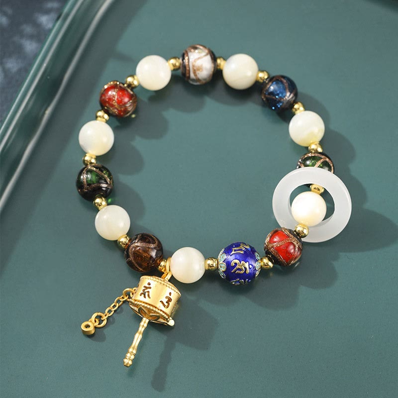 Tibetan Incense Ash Liuli Glass Tridacna Stone Sun Stone Om Mani Padme Hum Prayer Wheel Charm Bracelet