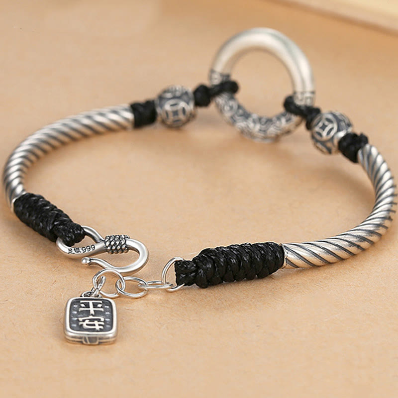 999 Sterling Silver Fu Character Peace Buckle Copper Coin Auspicious Clouds Fortune Bracelet - Image 3