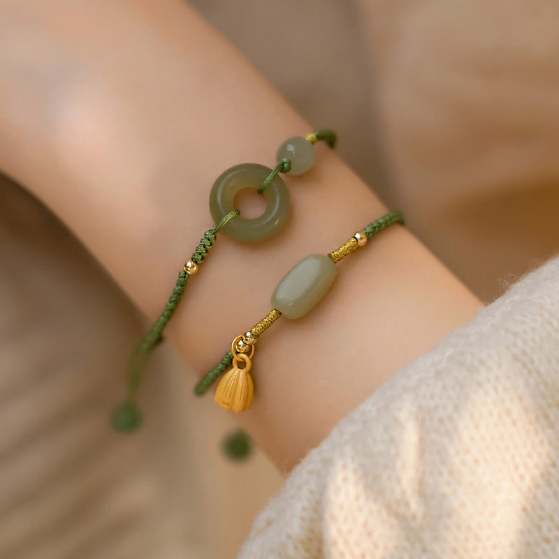 Lotus Jade Peace Buckle Bead Luck Happiness Charm String Bracelet