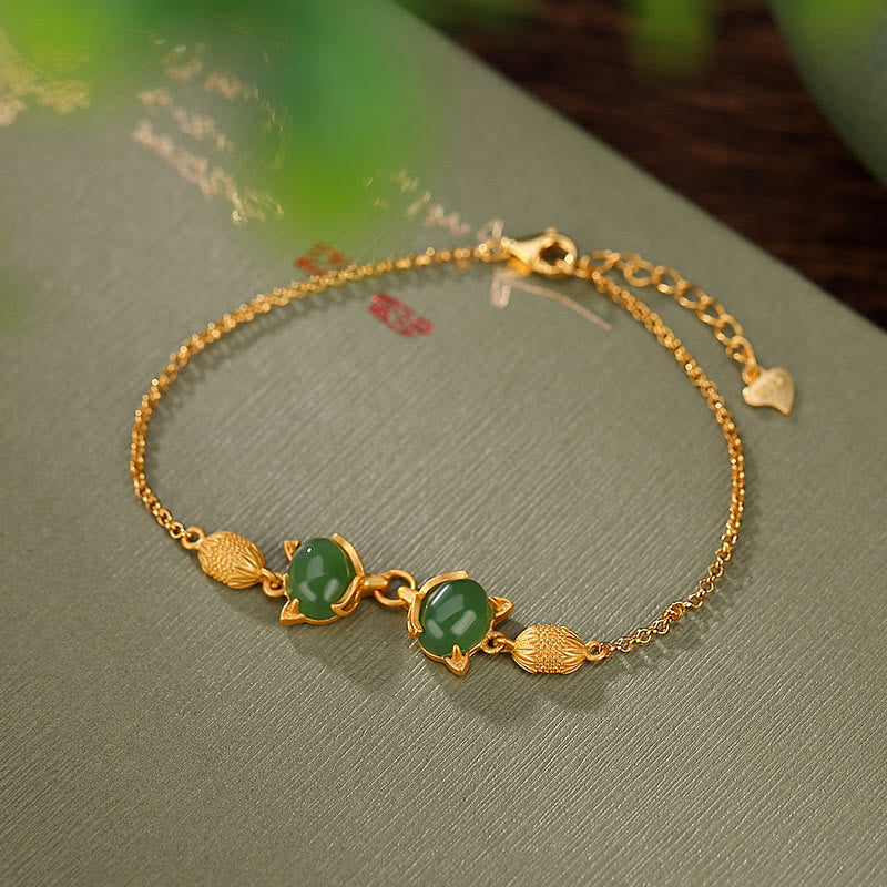 925 Sterling Silver Natural Hetian White Jade Cyan Jade Lovely Fox Luck Bracelet