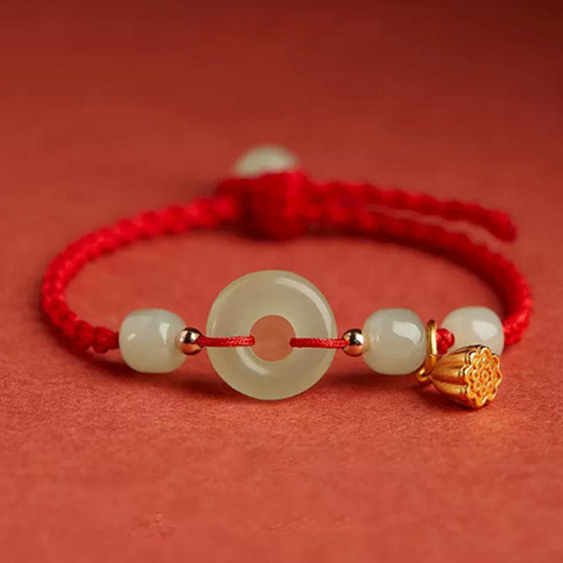 Round Peace Buckle Jade Lotus Happiness Abundance Wealth String Bracelet - Image 4
