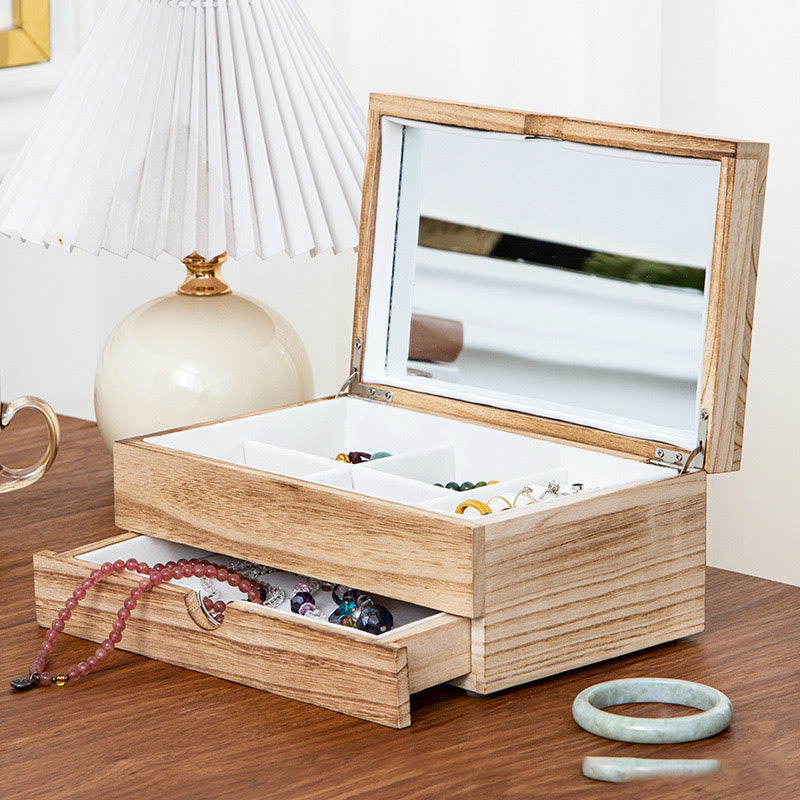 Retro Beige Wooden Jewelry Box Two-Layer Jewelry Storage Box With Mirror - Image 3