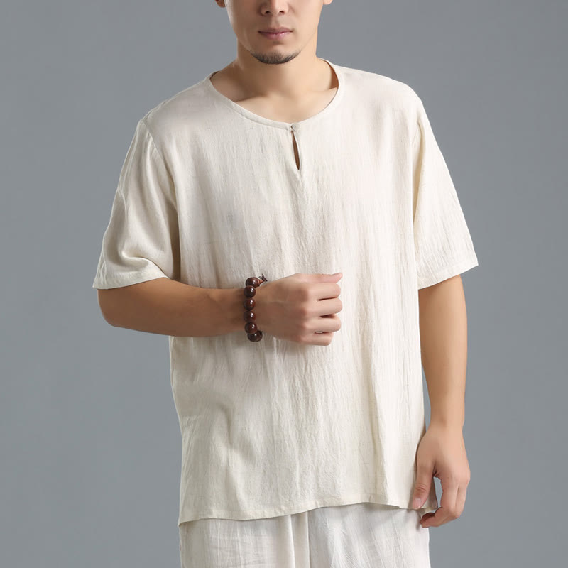 Men's Solid Color Round Neck Short Sleeve Cotton Linen Shirt - Image 18