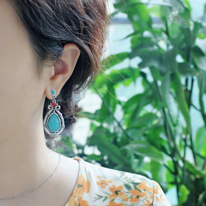 Tibet Vintage Turquoise Waterdrop Strength Drop Dangle Earrings Clips - Image 3