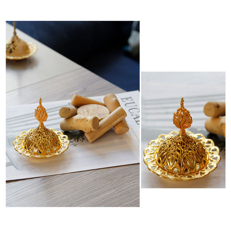 Gold Alloy Healing Mini Incense Burner With Wooden Coaster Home Decor - Image 10