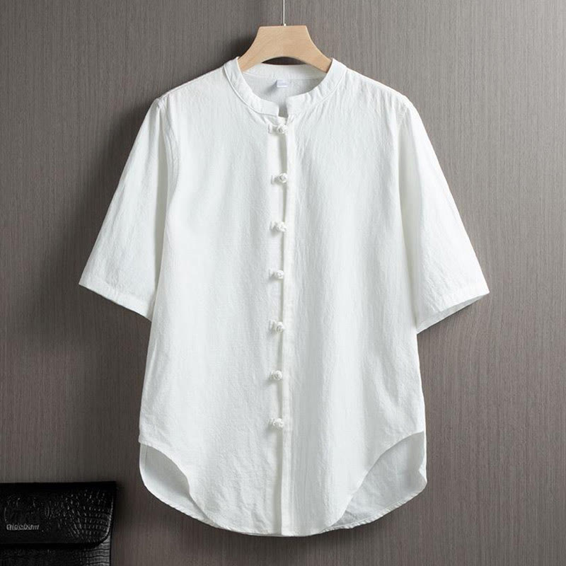 Frog-Button Plain Chinese Tang Suit Short Sleeve Shirt Cotton Linen Men Clothing