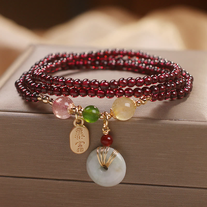 Natural Garnet Strawberry Quartz Crystal Fox Koi Fish Peace Buckle Fortune Protection Triple Wrap Bracelet - Image 9