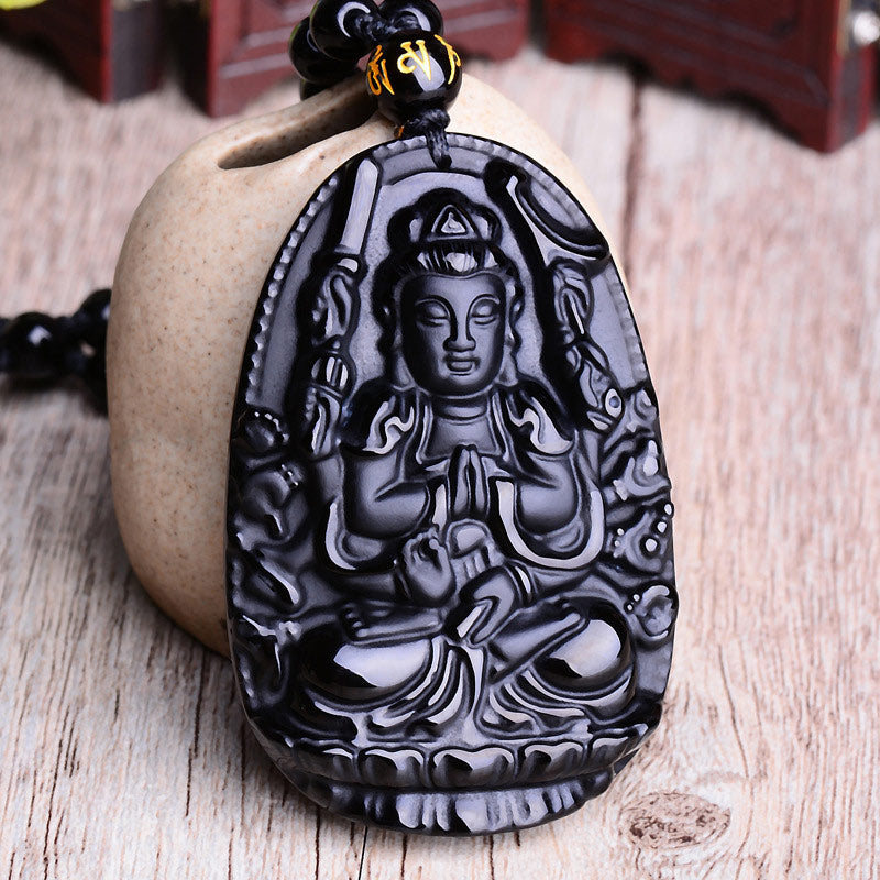 Chinese Zodiac Obsidian Buddha Amulet Protection Pendant Necklace