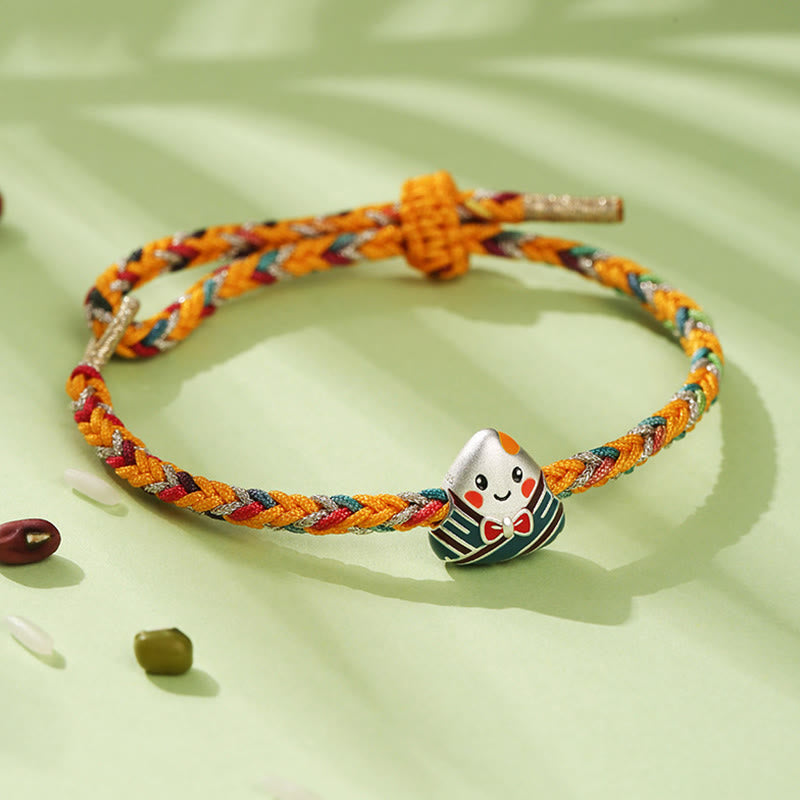 925 Sterling Silver Dragon Boat Festival Zongzi Pattern Luck Handmade Multicolored Rope Child Adult Bracelet - Image 3
