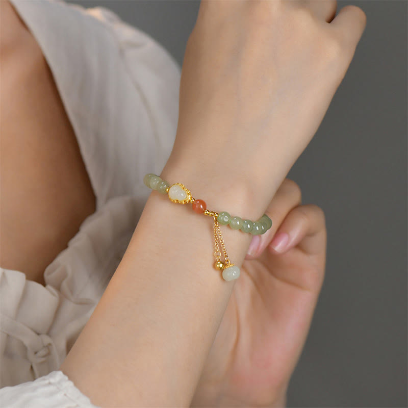 925 Sterling Silver Hetian Jade Gourd Lotus Abundance Luck Bracelet - Image 6
