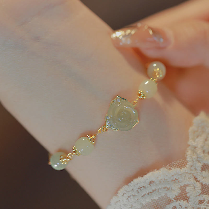 14K Gold Plated Hetian Jade Rose Flower Luck Chain Bracelet - Image 4