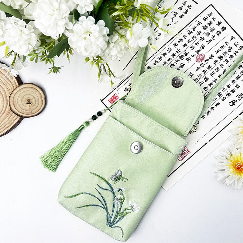 Small Embroidered Flowers Crossbody Bag Shoulder Bag Double Layer Cellphone Bag - Image 45