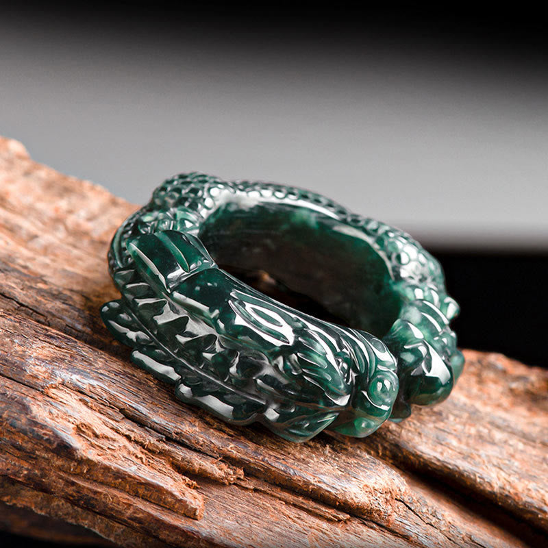 Natural Cyan Jade Dragon Carved Success Ring - Image 3