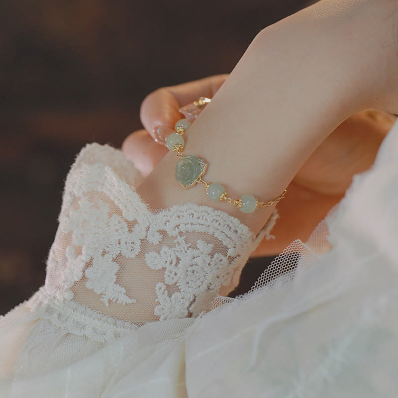 14K Gold Plated Hetian Jade Rose Flower Luck Chain Bracelet - Image 9