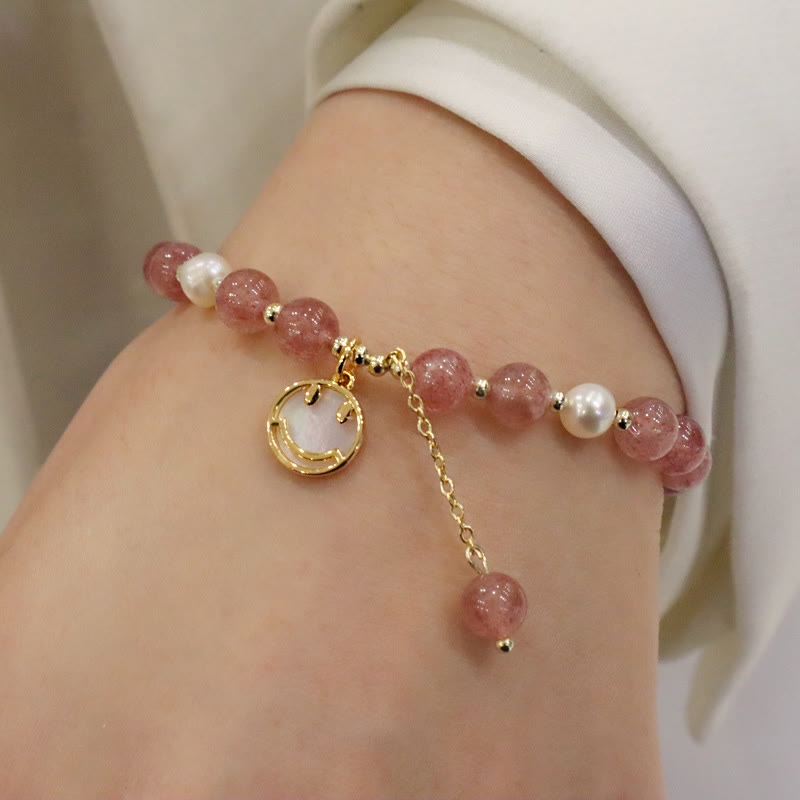 Strawberry Quartz Pearl Elk Smiley Face Fishtail Fu Character Charm Healing Bracelet - Image 7