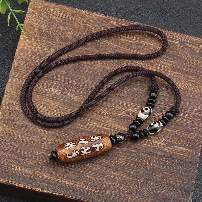 Tibet Om Mani Padme Hum Dzi Bead Avalokitesvara Pattern Wealth Necklace Pendant - Image 4
