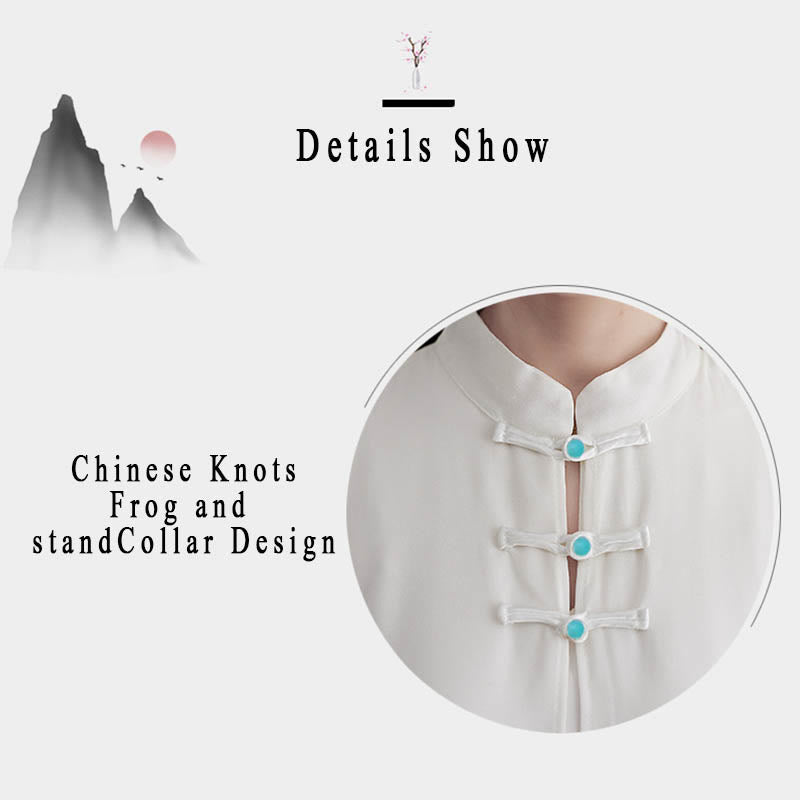 2Pcs Frog-Button Long Sleeve Midi Dress Wide Leg Pants Chiffon Zen Women's Set - Image 8