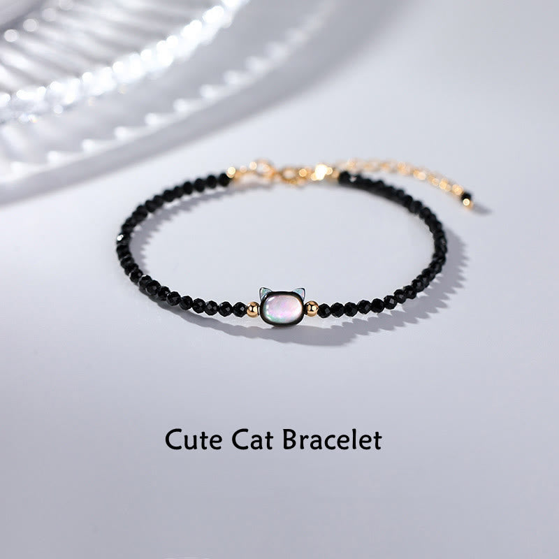 14K Gold Plated Black Spinel White Crystal Cute Cat Tridacna Stone Healing Bracelet