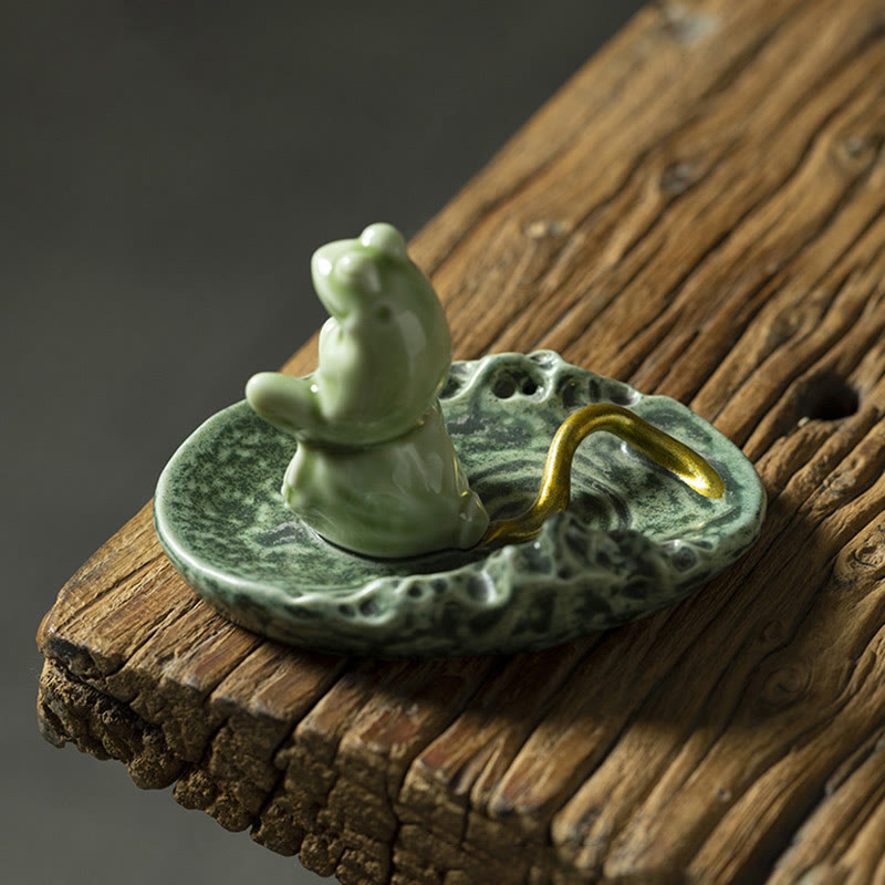 Leaf Meditation Frog Pattern Healing Ceramic Incense Burner Decoration - Image 16