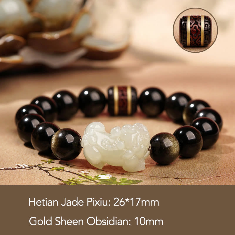 Natural Gold Sheen Obsidian Hetian Cyan Jade White Jade PiXiu Wealth Bracelet - Image 7