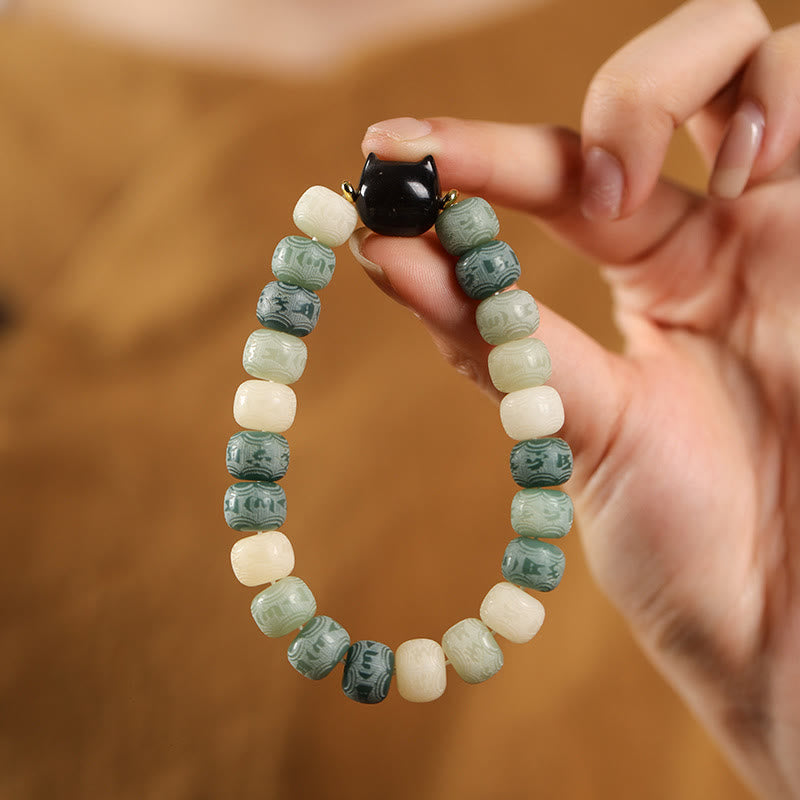 Bodhi Seed Silver Sheen Obsidian Cat Head Om Mani Padme Hum Engraved Harmony Bracelet - Image 8