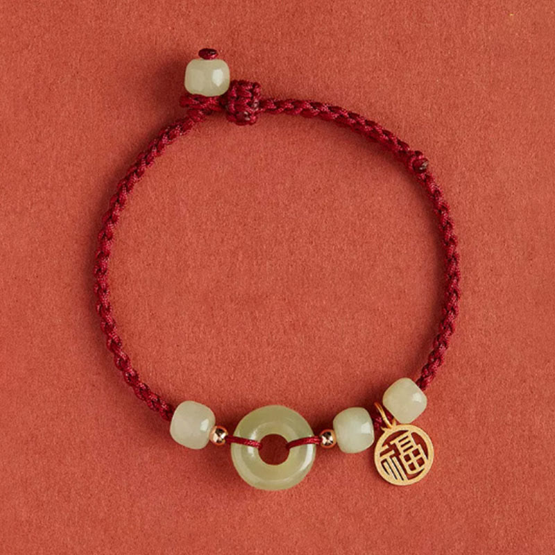 Round Peace Buckle Jade Lotus Happiness Abundance Wealth String Bracelet - Image 17