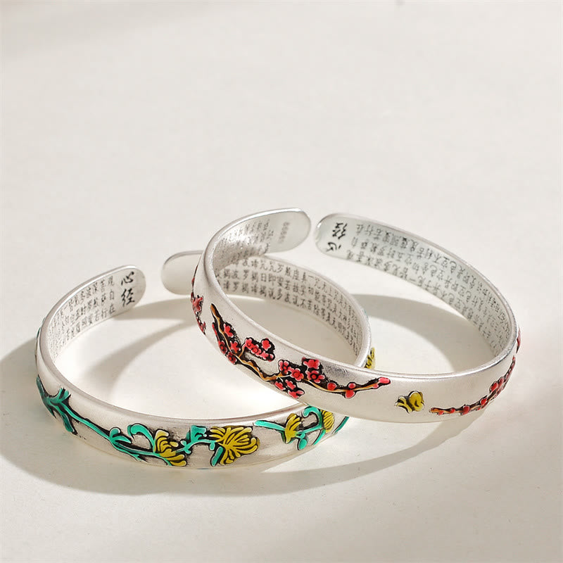 Plum Blossom Chrysanthemum Flower Design Heart Sutra Healing Bracelet Cuff Bangle - Image 5