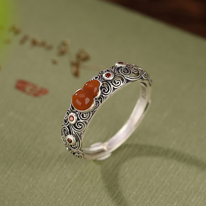 925 Sterling Silver Red Agate Cyan Jade Gourd Blessing Auspicious Ring - Image 3